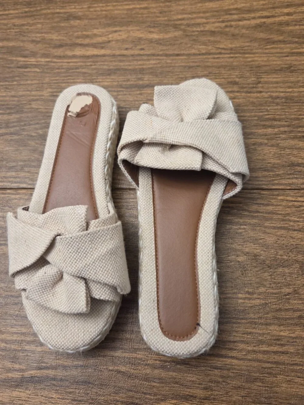 Women's Beige Fabric Bow Platform Espadrille Open Toe Slide - Sz 7.5M